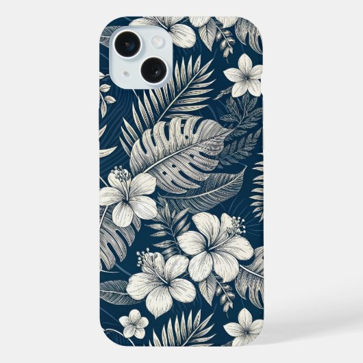 Navy Blue Hibiscus Monstera Tropical Botanical iPhone Hoesje (Achterkant)