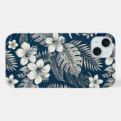 Navy Blue Hibiscus Monstera Tropical Botanical iPhone Hoesje (Achterkant horizontaal)
