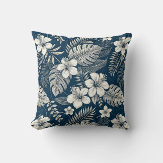 Navy Blue Hibiscus Monstera Tropical Botanical Kussen