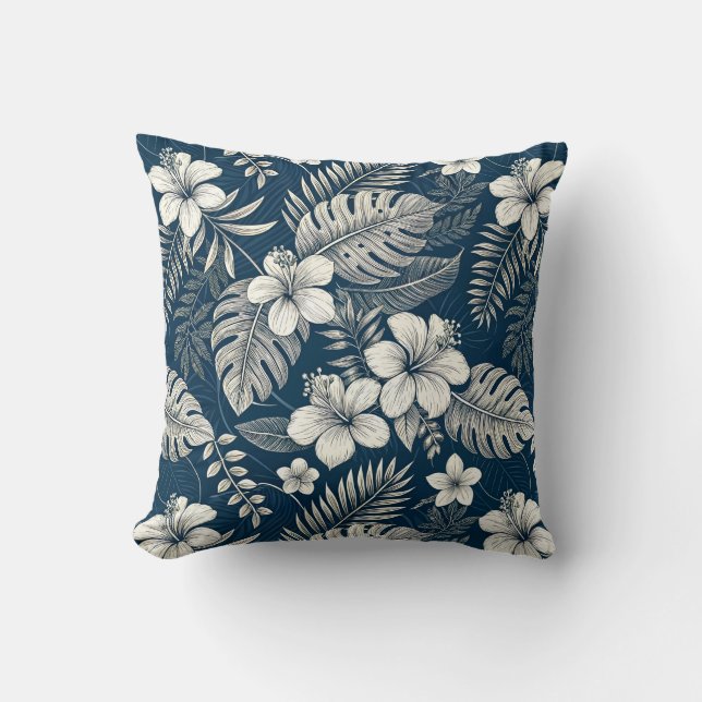 Navy Blue Hibiscus Monstera Tropical Botanical Kussen (Voorkant)