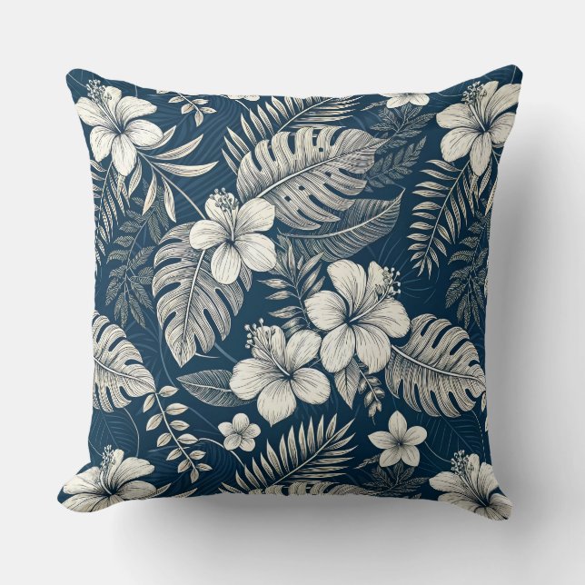 Navy Blue Hibiscus Monstera Tropical Botanical Kussen (Voorkant)
