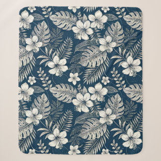 Navy Blue Hibiscus Monstera Tropical Botanical Sherpa Deken