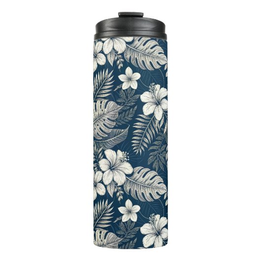 Navy Blue Hibiscus Monstera Tropical Botanical Thermosbeker (Voorkant)
