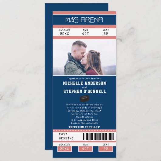 Navy Blue Hockey Ticket Wedding Kaart (Voorkant / Achterkant)