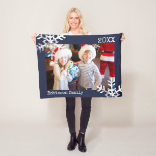 Navy Blue Holiday Foto Distress Snowflakes Fleece Deken