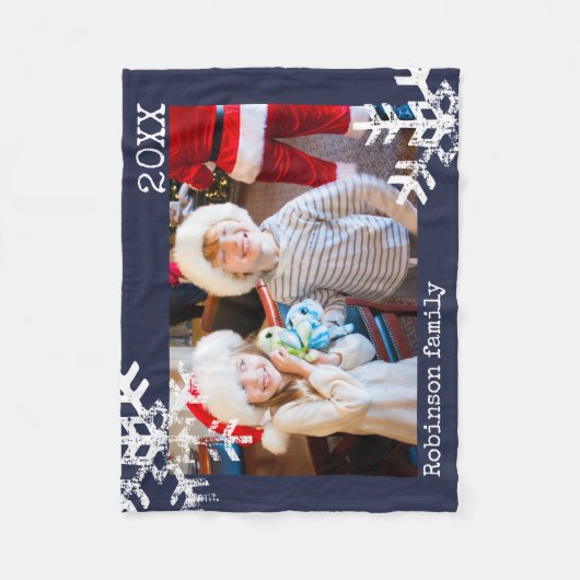 Navy Blue Holiday Foto Distress Snowflakes Fleece Deken (Voorkant)