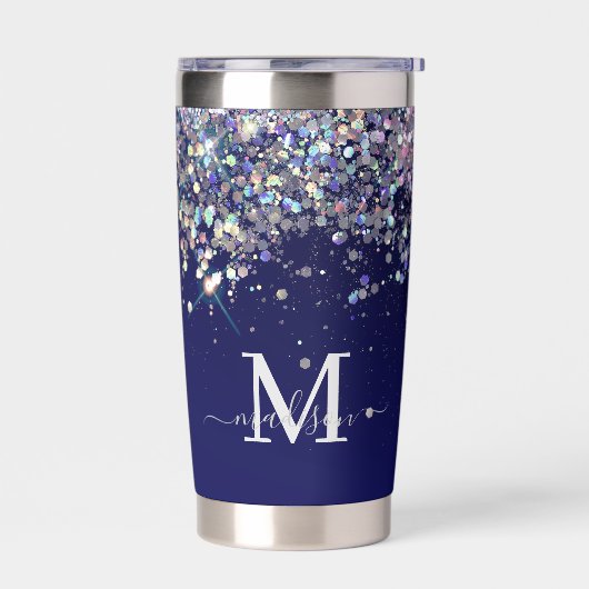 Navy Blue Holographic Silver Glitters Monogram Geïsoleerde Drinkbeker (Links)