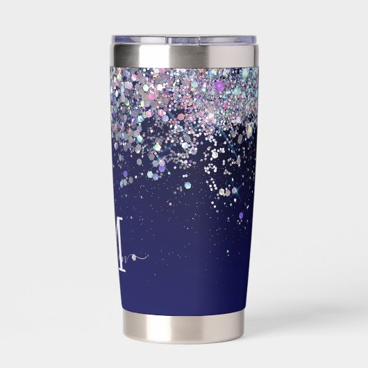 Navy Blue Holographic Silver Glitters Monogram Geïsoleerde Drinkbeker (Achterkant)