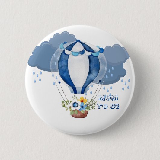 Navy Blue Hot Air Balloon Boy Baby shower Button (Voorkant)