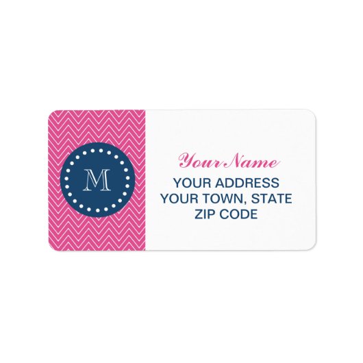 Navy Blue, Hot Pink Chevron Pattern, uw monogram Etiket (Voorkant)