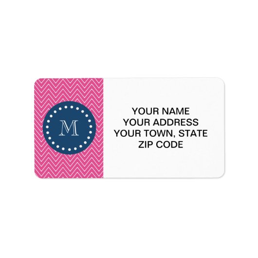 Navy Blue, Hot Pink Chevron Pattern, uw monogram Etiket (Voorkant)