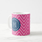 Navy Blue, Hot Pink Chevron Pattern, uw monogram Koffiemok (Voorkant links)