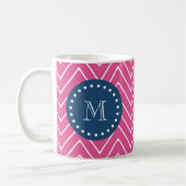 Navy Blue, Hot Pink Chevron Pattern, uw monogram Koffiemok (Links)