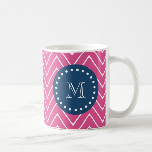 Navy Blue, Hot Pink Chevron Pattern, uw monogram Koffiemok (Rechts)