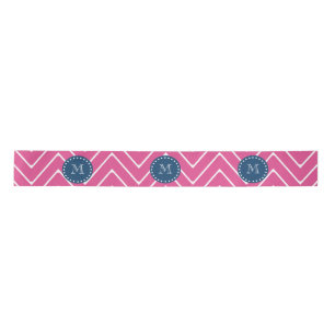 Navy Blue, Hot Pink Chevron Pattern, uw monogram Satijnen Lint