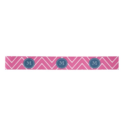 Navy Blue, Hot Pink Chevron Pattern, uw monogram Satijnen Lint (Voorkant)