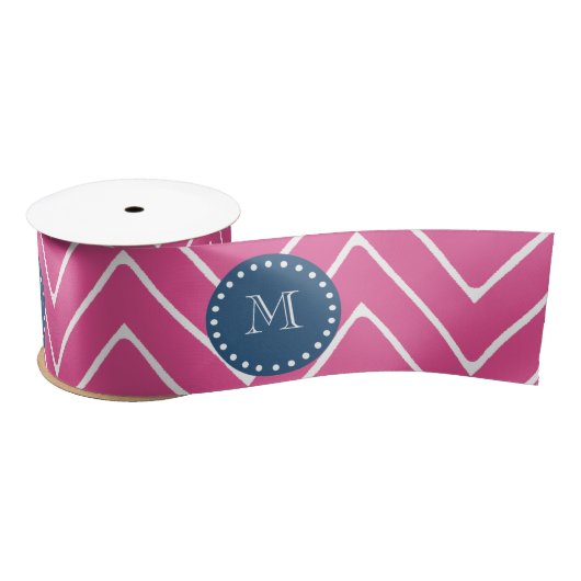 Navy Blue, Hot Pink Chevron Pattern, uw monogram Satijnen Lint (Spoel)