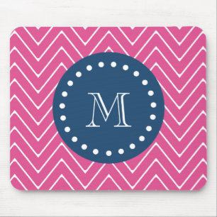 Navy Blue, Hot Pink Chevron Uw monogram Muismat