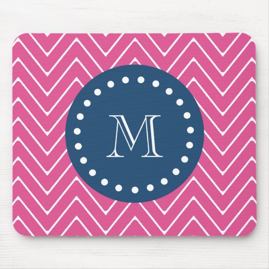 Navy Blue, Hot Pink Chevron | Uw monogram Muismat (Voorkant)