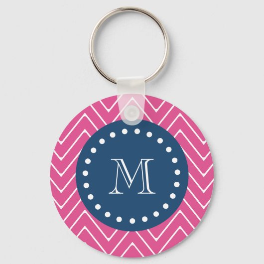 Navy Blue, Hot Pink Chevron | Uw monogram Sleutelhanger (Voorkant)