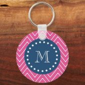 Navy Blue, Hot Pink Chevron | Uw monogram Sleutelhanger (Voorkant)