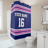 Navy Blue Hot Pink White Stripes Sports Jersey Douchegordijn (In situ)