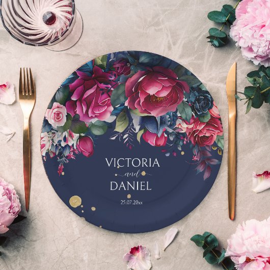 Navy blue hot roze rozen gepersonaliseerde bruilof papieren bordje