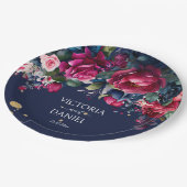 Navy blue hot roze rozen gepersonaliseerde bruilof papieren bordje (Gekanteld)