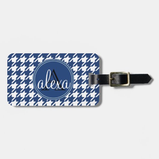 Navy Blue Houndstooth Monogram Bagagelabel (Voorkant horizontaal)
