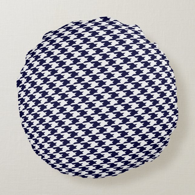 Navy Blue Houndstooth Pattern Round Pillow Rond Kussen (Achterkant)