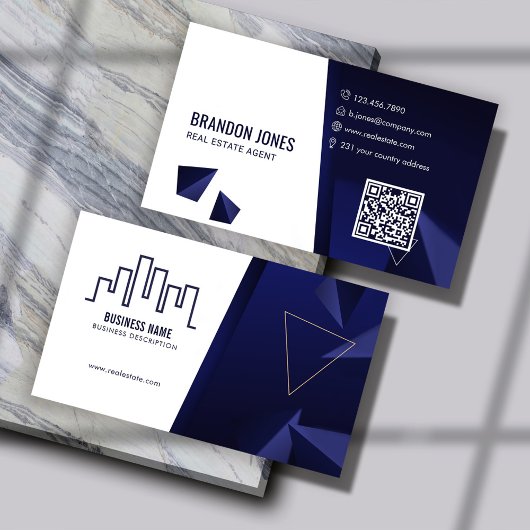 Navy Blue House Logo, Real Estate Agent, QR Code Visitekaartje