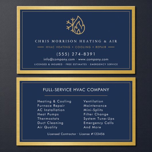 Navy Blue HVAC Company QR Code Gold Metallic Visitekaartje