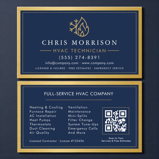 Navy Blue HVAC Contractor QR Code Gold Metallic Visitekaartje