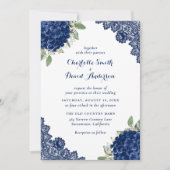 Navy Blue Hydrangea Floral Lace Wedding Kaart (Voorkant)