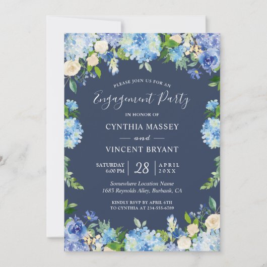 Navy Blue Hydrangeas Floral Engagement Party Kaart (Voorkant)