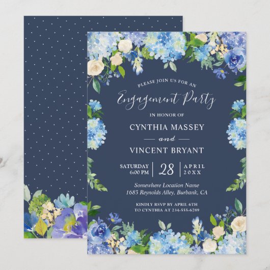 Navy Blue Hydrangeas Floral Engagement Party Kaart (Voorkant / Achterkant)