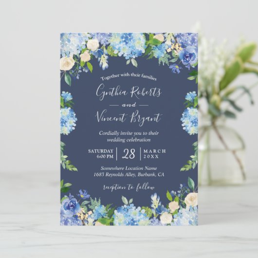 Navy Blue Hydrangeas Floral Romantic Wedding Kaart (Staand voorkant)