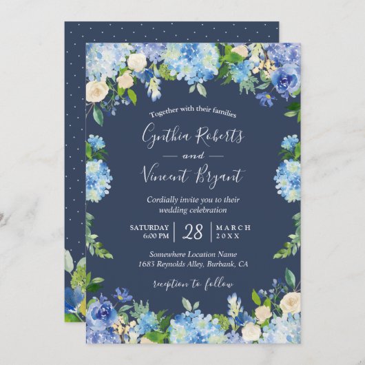 Navy Blue Hydrangeas Floral Romantic Wedding Kaart (Voorkant / Achterkant)