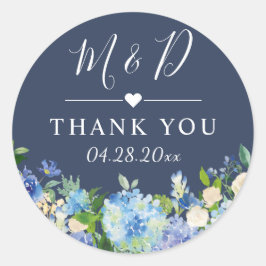 Navy Blue Hydrangeas Floral Wedding Dank je Ronde Sticker
