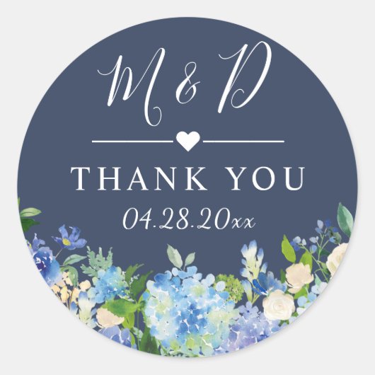 Navy Blue Hydrangeas Floral Wedding Dank je Ronde Sticker (Voorkant)