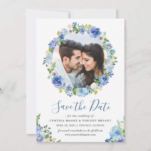 Navy Blue Hydrangeas Floral Wreath Save the Date (Voorkant)
