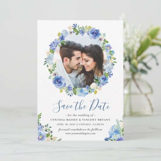 Navy Blue Hydrangeas Floral Wreath Save the Date (Staand voorkant)