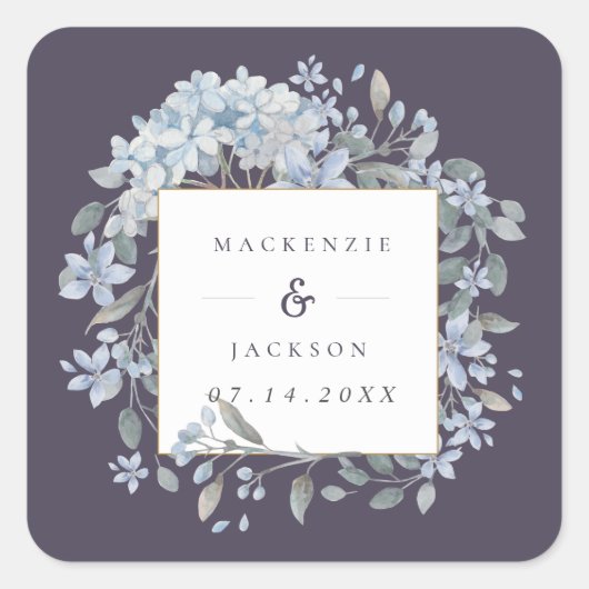Navy & Blue Hydrangeas Lijst Waterverf Wedding Vierkante Sticker (Voorkant)