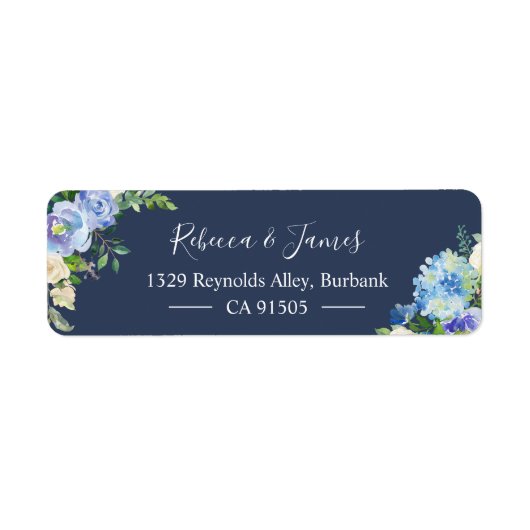 Navy Blue Hydrangeas Waterverf Bloom Floral Etiket (Voorkant)