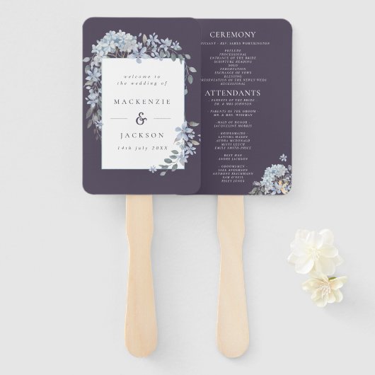 Navy Blue Hydrangeas Waterverf Wedding Programme Handwaaier (Voorkant en achterkant)