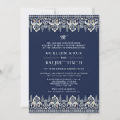 Navy Blue Ikat Anand Karaj Sikh bruiloft uitnodigi Kaart (Voorkant)
