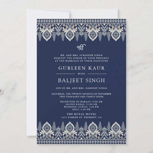 Navy Blue Ikat Anand Karaj Sikh bruiloft uitnodigi Kaart (Voorkant)