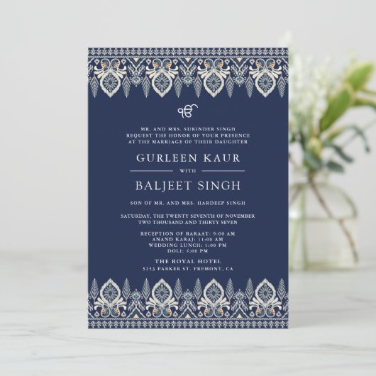 Navy Blue Ikat Anand Karaj Sikh bruiloft uitnodigi Kaart (Staand voorkant)