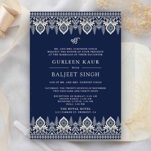 Navy Blue Ikat Anand Karaj Sikh bruiloft uitnodigi Kaart