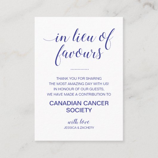 Navy Blue in plaats van gunsten Doneren bruiloft Plaatskaartje (Voorkant)